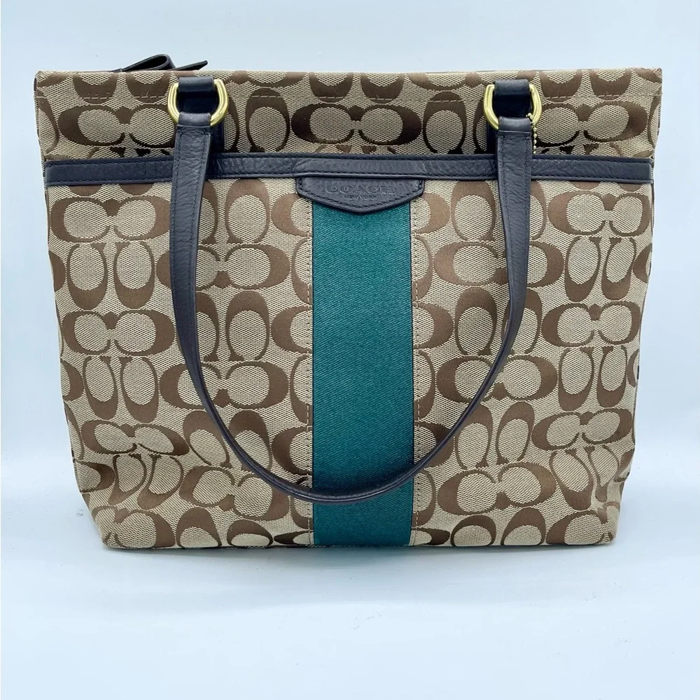 Coach Signature Brown and Teal Tote - Picture 3 of 17